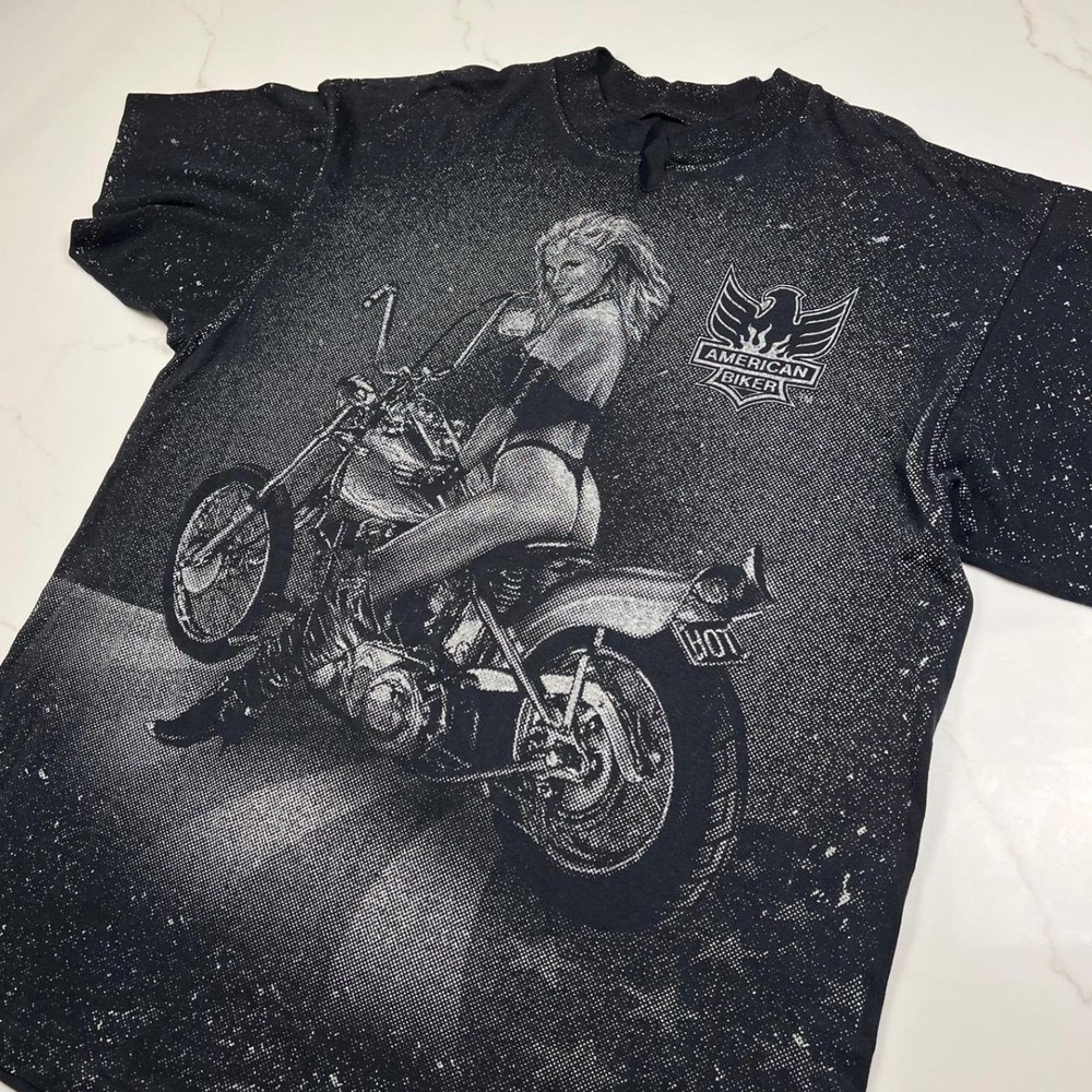 American Biker T-Shirt Black Speckle Graphic Motorcycle Tee XL 3d emblem